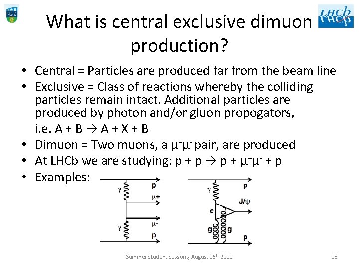 What is central exclusive dimuon production? • Central = Particles are produced far from