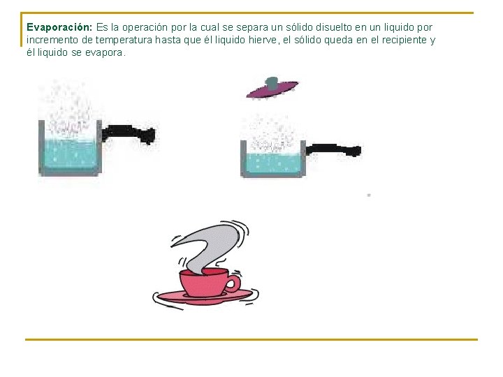 Evaporación: Es la operación por la cual se separa un sólido disuelto en un