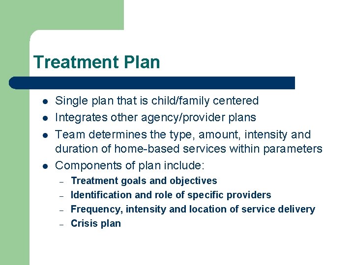 Treatment Plan l l Single plan that is child/family centered Integrates other agency/provider plans