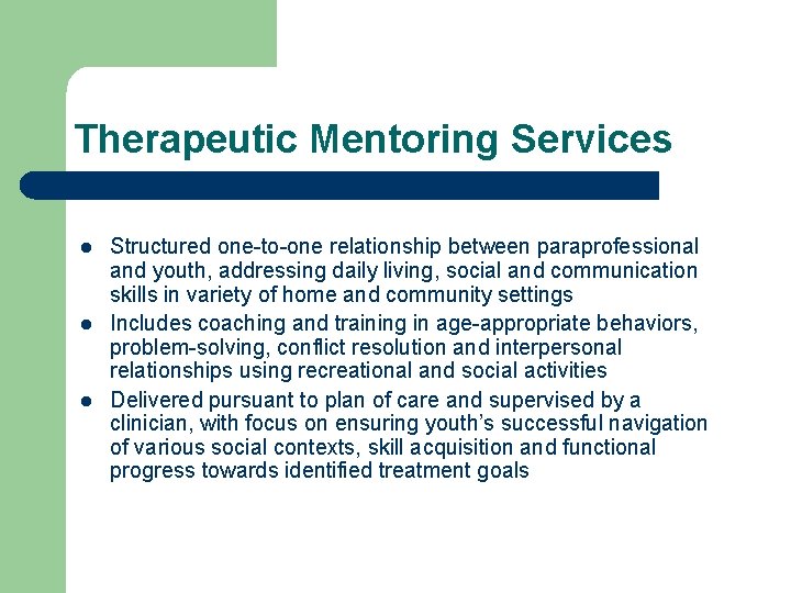 Therapeutic Mentoring Services l l l Structured one-to-one relationship between paraprofessional and youth, addressing
