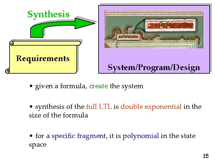 Synthesis Requirements System/Program/Design • given a formula, create the system • synthesis of the