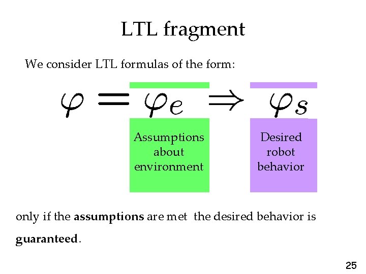 LTL fragment We consider LTL formulas of the form: Assumptions about environment Desired robot