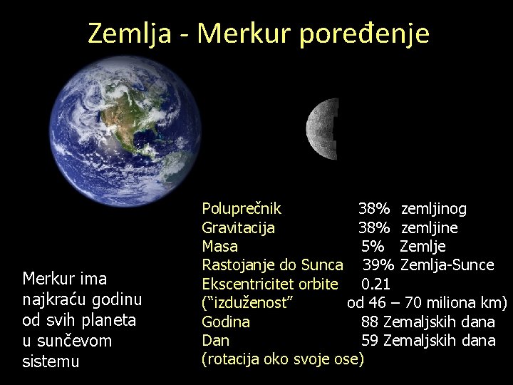 Zemlja - Merkur poređenje Merkur ima najkraću godinu od svih planeta u sunčevom sistemu