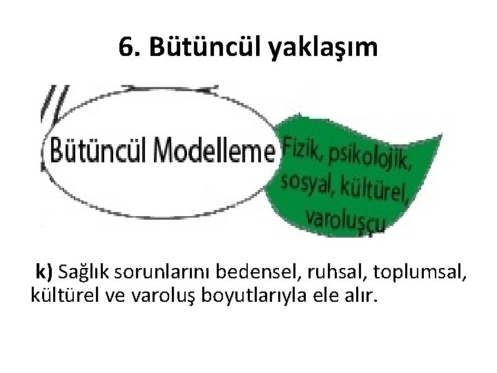 6. Bütüncül yaklaşım k) Sağlık sorunlarını bedensel, ruhsal, toplumsal, kültürel ve varoluş boyutlarıyla ele