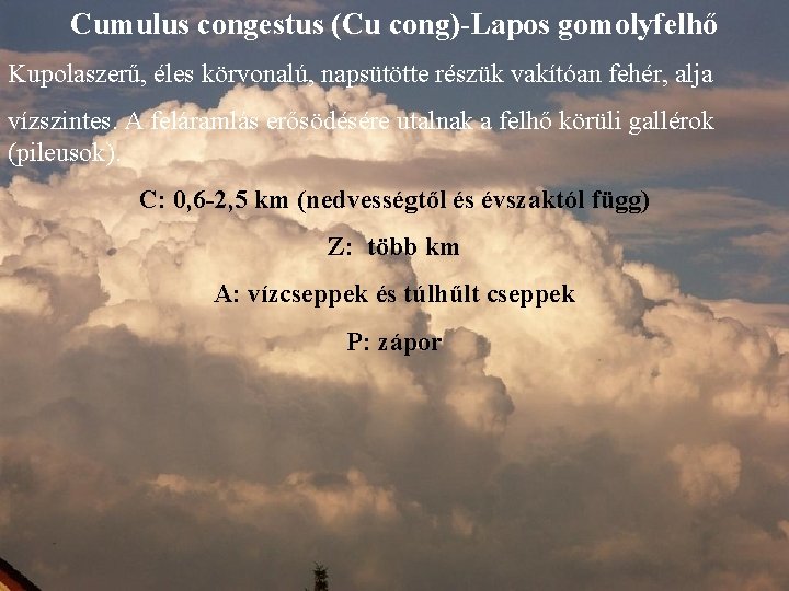 Cumulus congestus (Cu cong)-Lapos gomolyfelhő Kupolaszerű, éles körvonalú, napsütötte részük vakítóan fehér, alja vízszintes.