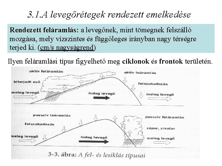 3. 1. A levegőrétegek rendezett emelkedése Rendezett feláramlás: a levegőnek, mint tömegnek felszálló mozgása,