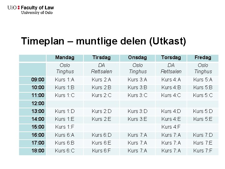 Timeplan – muntlige delen (Utkast) Mandag Tirsdag Onsdag Torsdag Fredag Oslo Tinghus DA Rettsalen