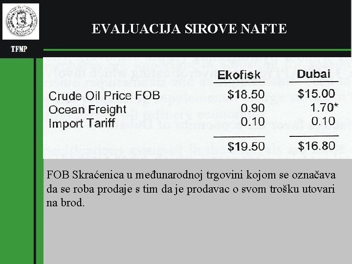 EVALUACIJA SIROVE NAFTE FOB Skraćenica u međunarodnoj trgovini kojom se označava da se roba