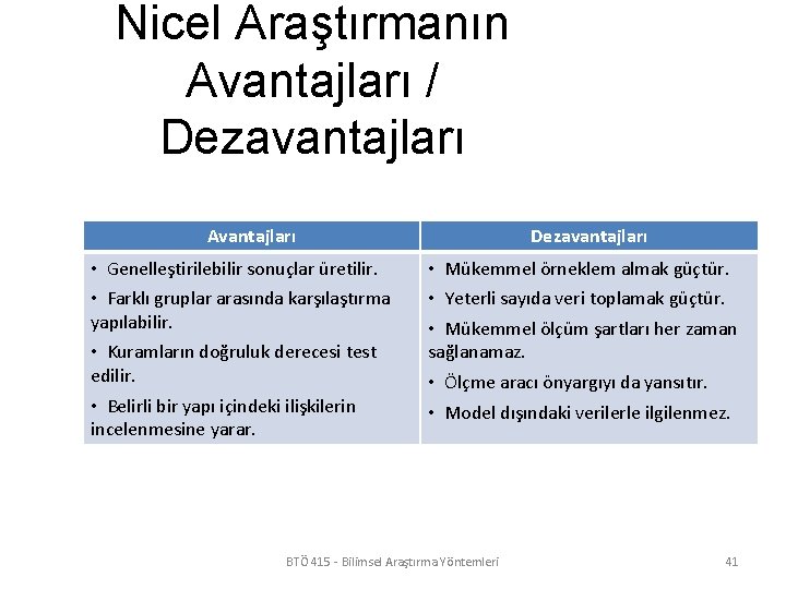 Nicel Araştırmanın Avantajları / Dezavantajları Avantajları • Genelleştirilebilir sonuçlar üretilir. • Farklı gruplar arasında