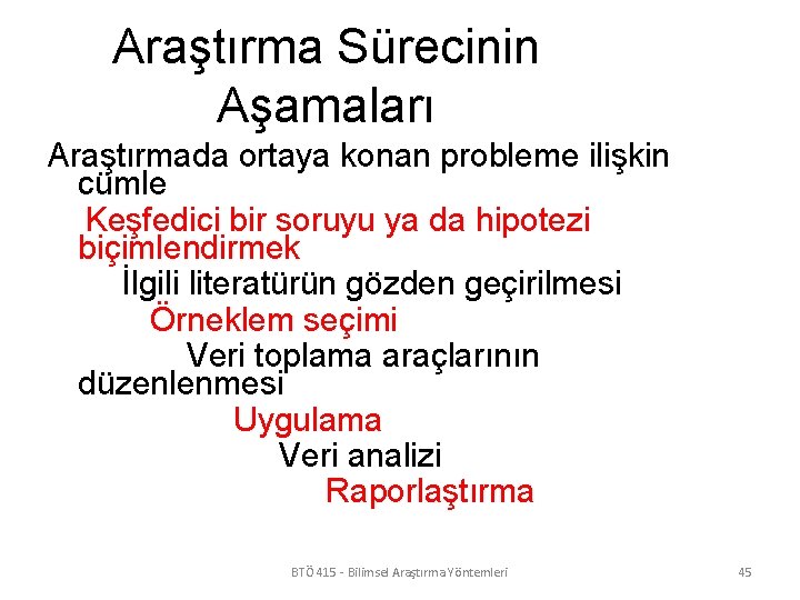 Araştırma Sürecinin Aşamaları Araştırmada ortaya konan probleme ilişkin cümle Keşfedici bir soruyu ya da