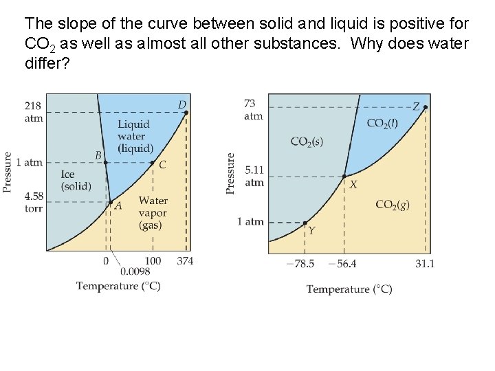 The slope of the curve between solid and liquid is positive for CO 2