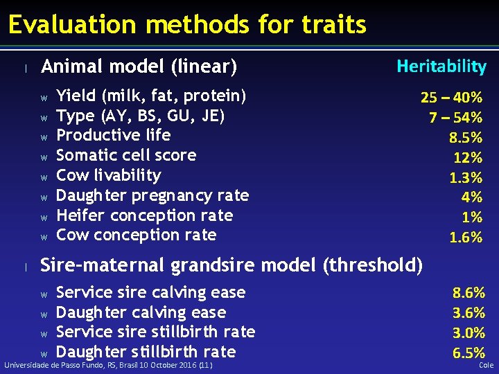 Evaluation methods for traits l Animal model (linear) w w w w l Yield