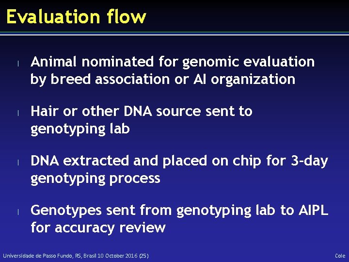 Evaluation flow l l Animal nominated for genomic evaluation by breed association or AI