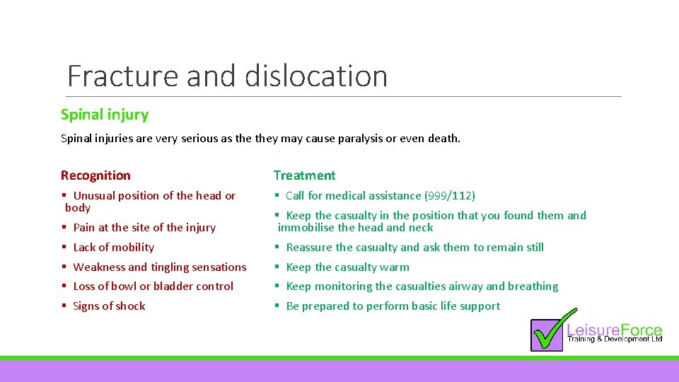 Fracture and dislocation Spinal injury Spinal injuries are very serious as they may cause
