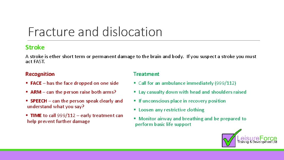 Fracture and dislocation Stroke A stroke is ether short term or permanent damage to