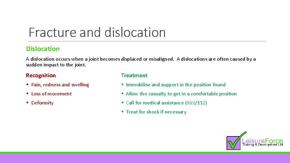 Fracture and dislocation Dislocation A dislocation occurs when a joint becomes displaced or misaligned.