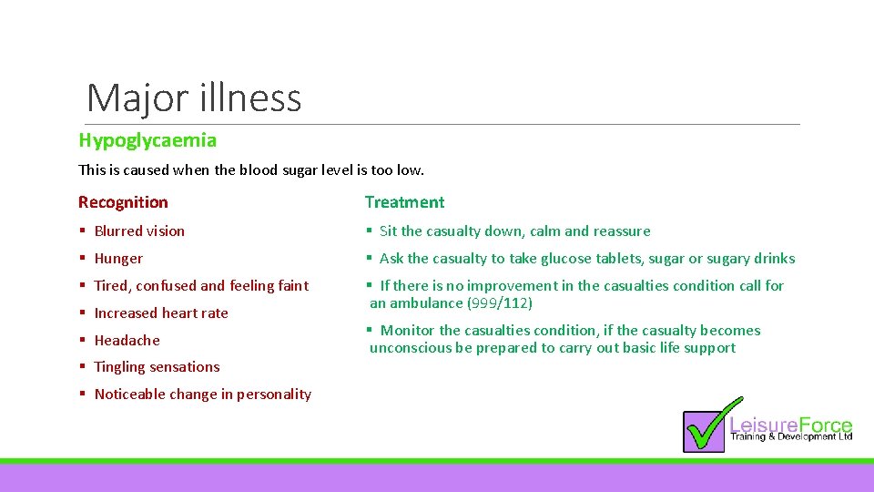 Major illness Hypoglycaemia This is caused when the blood sugar level is too low.