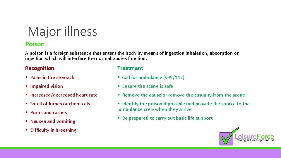 Major illness Poison A poison is a foreign substance that enters the body by