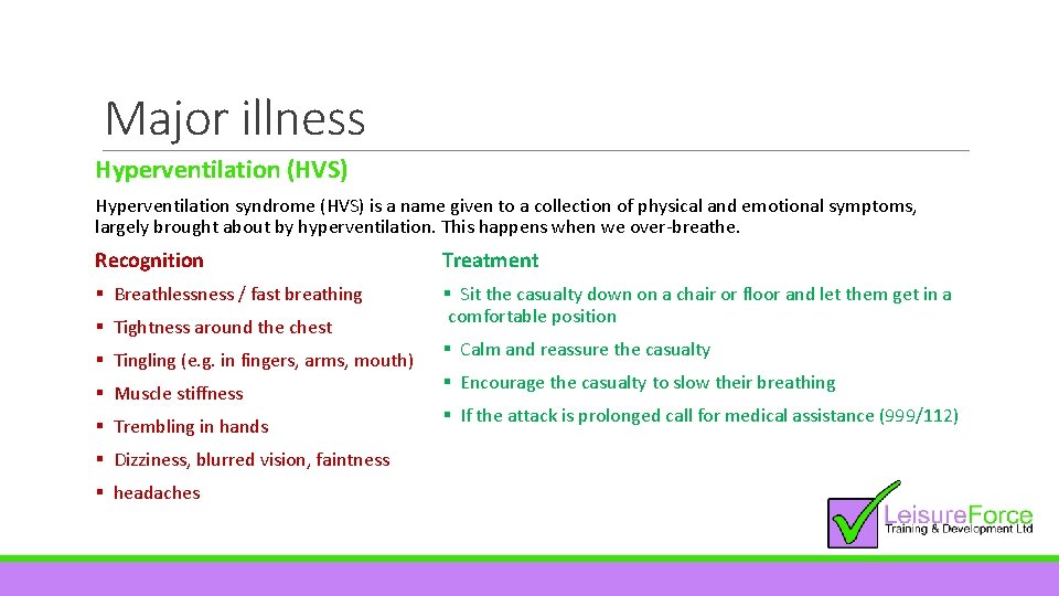 Major illness Hyperventilation (HVS) Hyperventilation syndrome (HVS) is a name given to a collection