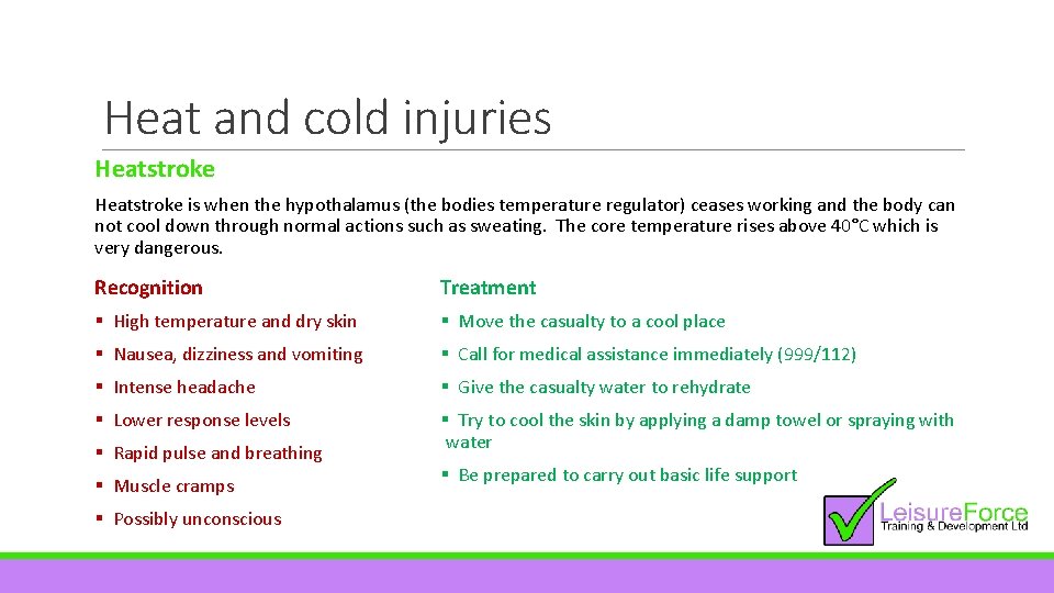 Heat and cold injuries Heatstroke is when the hypothalamus (the bodies temperature regulator) ceases