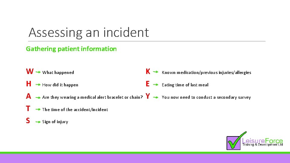 Assessing an incident Gathering patient information W H A T S What happened How