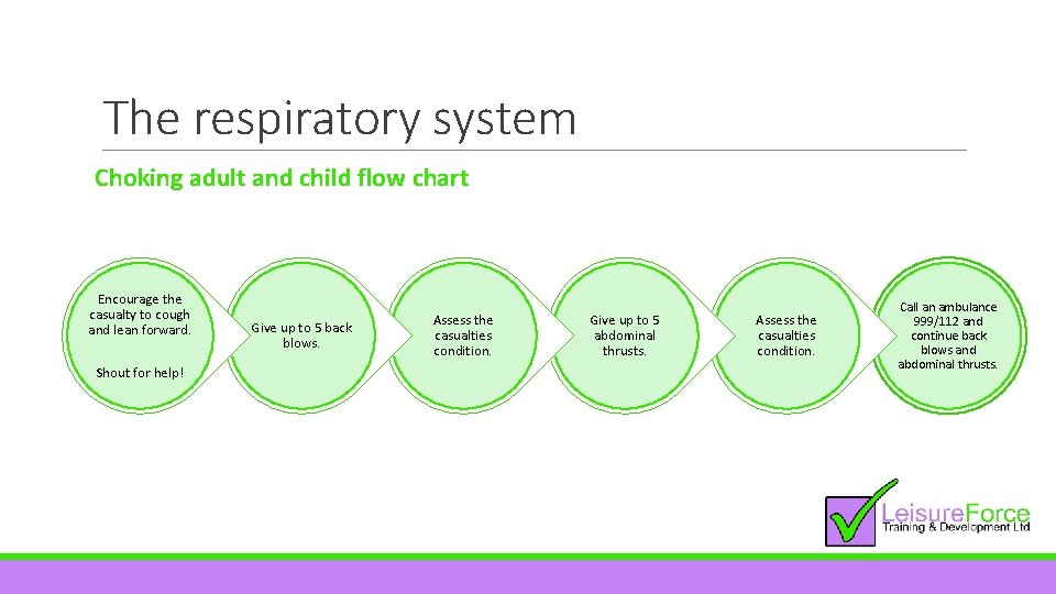 The respiratory system Choking adult and child flow chart Encourage the casualty to cough