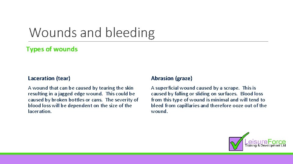 Wounds and bleeding Types of wounds Laceration (tear) Abrasion (graze) A wound that can