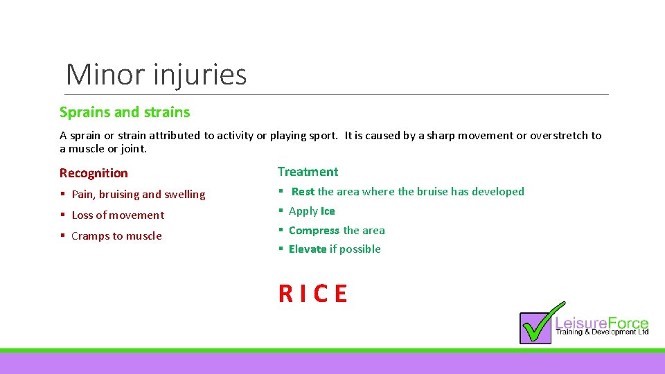 Minor injuries Sprains and strains A sprain or strain attributed to activity or playing