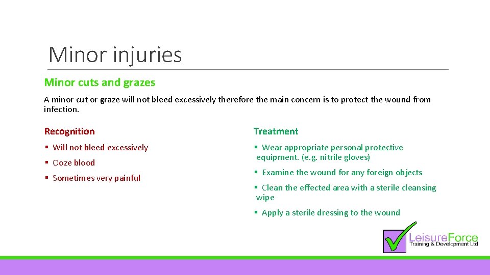 Minor injuries Minor cuts and grazes A minor cut or graze will not bleed