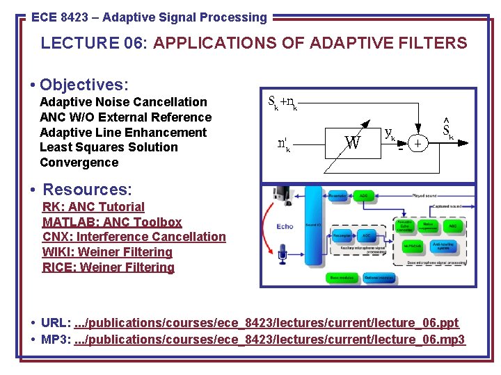 ECE 8423 8443––Adaptive Pattern Recognition ECE Signal Processing LECTURE 06: APPLICATIONS OF ADAPTIVE FILTERS