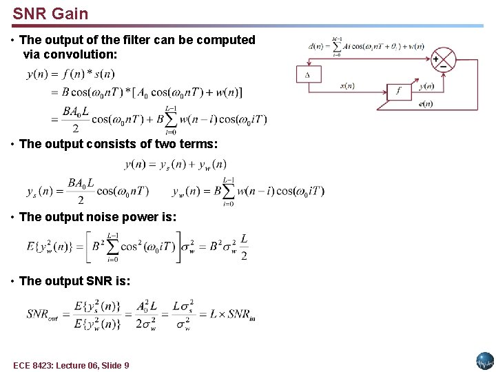 SNR Gain • The output of the filter can be computed via convolution: •