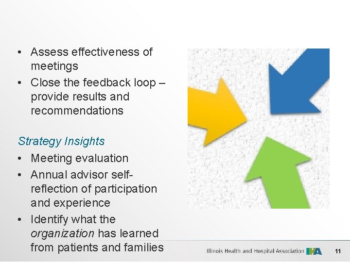  • Assess effectiveness of meetings • Close the feedback loop – provide results