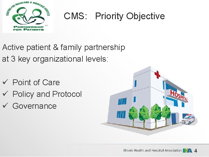 CMS: Priority Objective Active patient & family partnership at 3 key organizational levels: ü