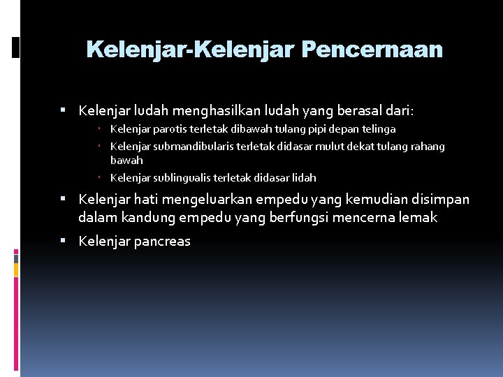 Kelenjar-Kelenjar Pencernaan Kelenjar ludah menghasilkan ludah yang berasal dari: Kelenjar parotis terletak dibawah tulang