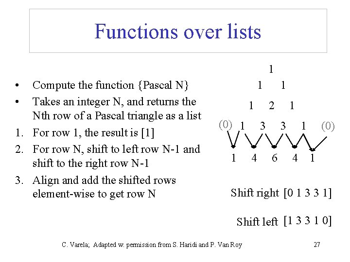 Functions over lists 1 • • Compute the function {Pascal N} Takes an integer