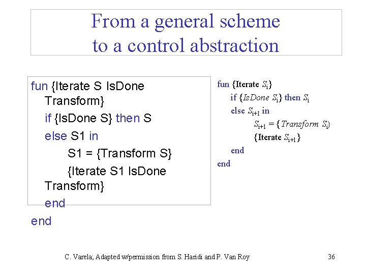 From a general scheme to a control abstraction fun {Iterate S Is. Done Transform}