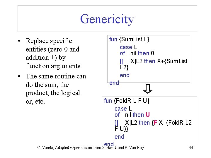 Genericity • Replace specific entities (zero 0 and addition +) by function arguments •