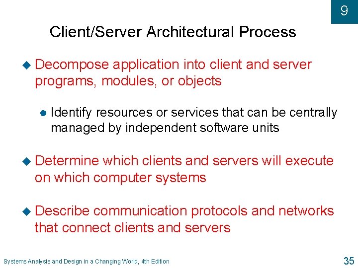 9 Client/Server Architectural Process u Decompose application into client and server programs, modules, or