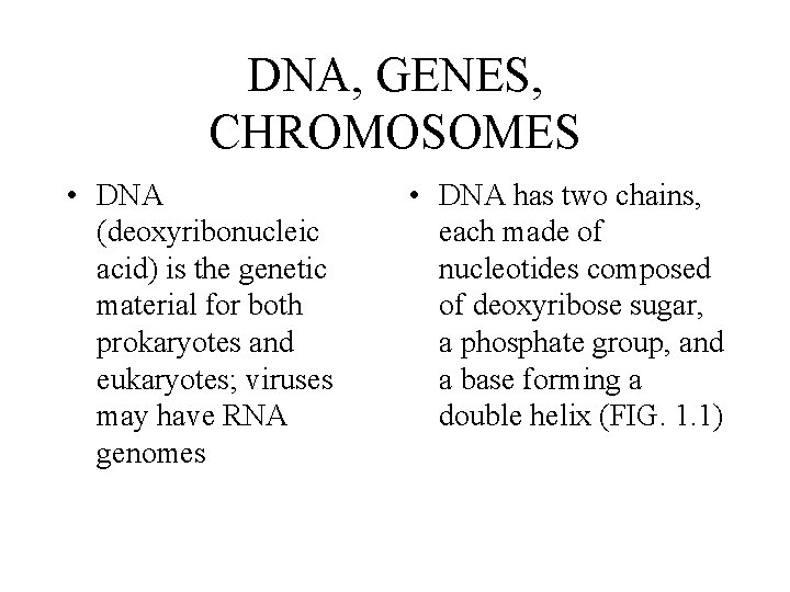 DNA, GENES, CHROMOSOMES • DNA (deoxyribonucleic acid) is the genetic material for both prokaryotes