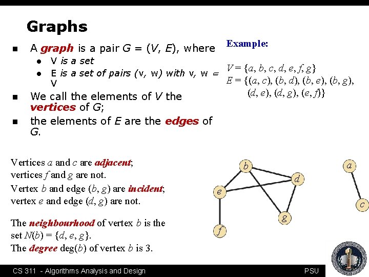 Graphs n l l n n Example: A graph is a pair G =