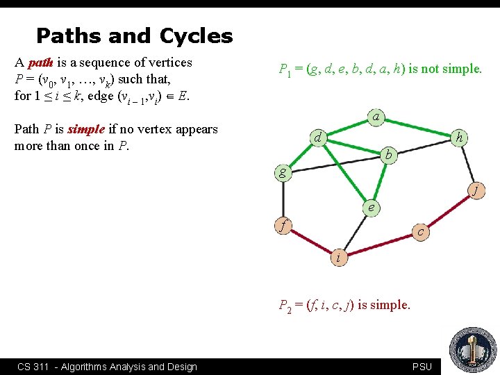 Paths and Cycles A path is a sequence of vertices P = (v 0,