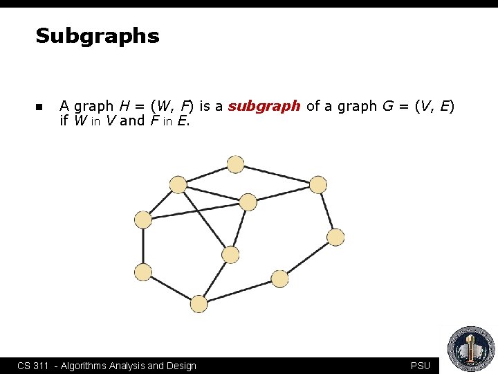 Subgraphs n A graph H = (W, F) is a subgraph of a graph