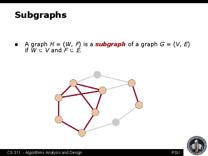 Subgraphs n A graph H = (W, F) is a subgraph of a graph