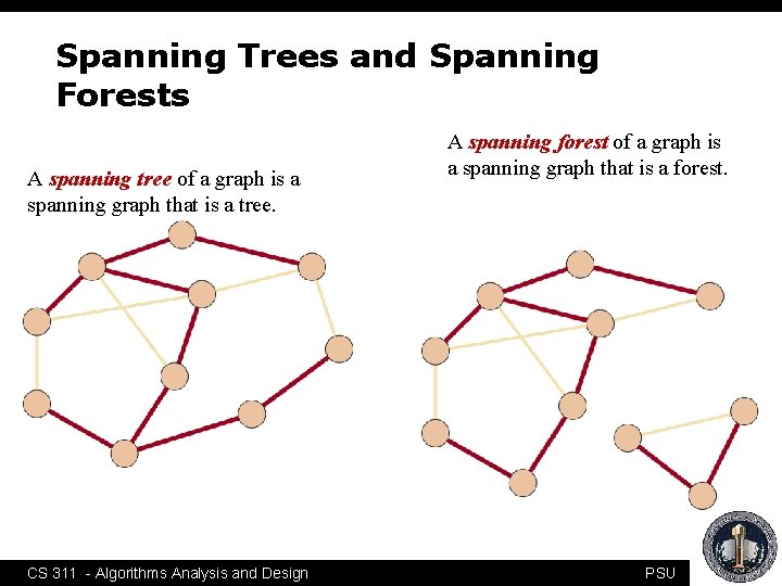 Spanning Trees and Spanning Forests A spanning tree of a graph is a spanning