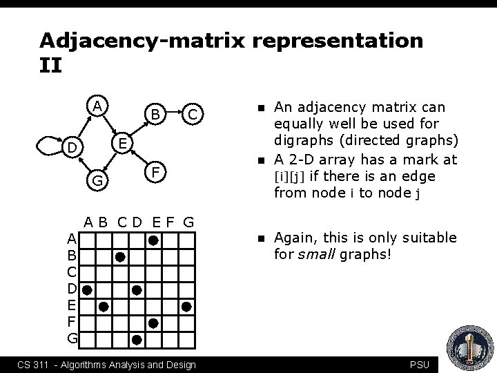 Adjacency-matrix representation II A C n E D G A B C D E