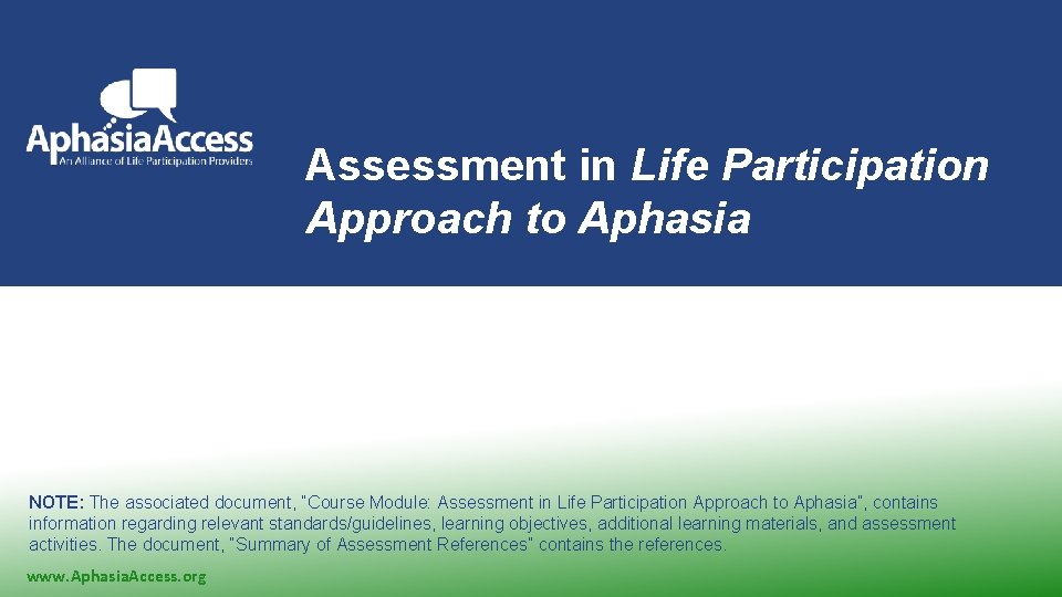 Assessment in Life Participation Approach to Aphasia NOTE: The associated document, “Course Module: Assessment