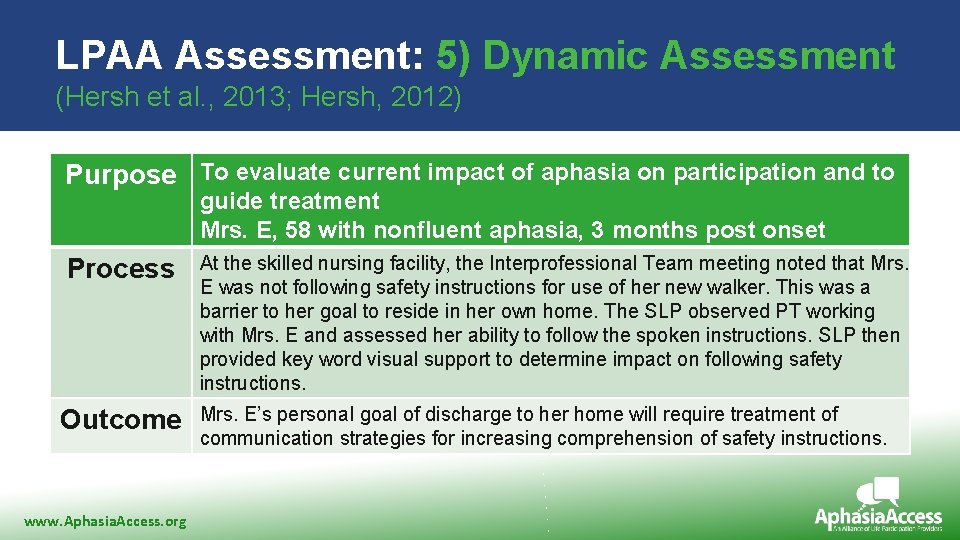 LPAA Assessment: 5) Dynamic Assessment (Hersh et al. , 2013; Hersh, 2012) To evaluate