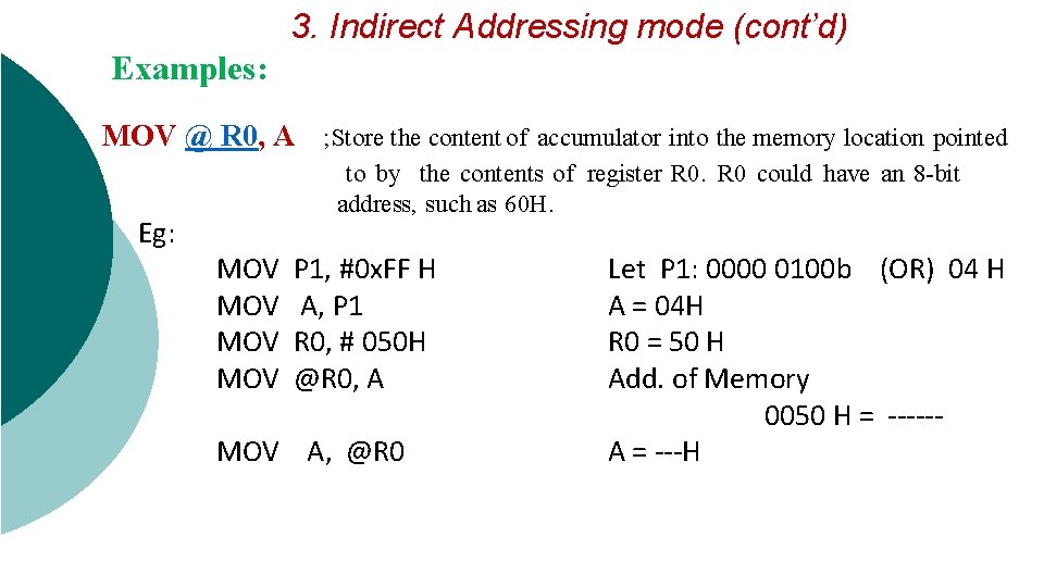 3. Indirect Addressing mode (cont’d) Examples: MOV @ R 0, A ; Store the