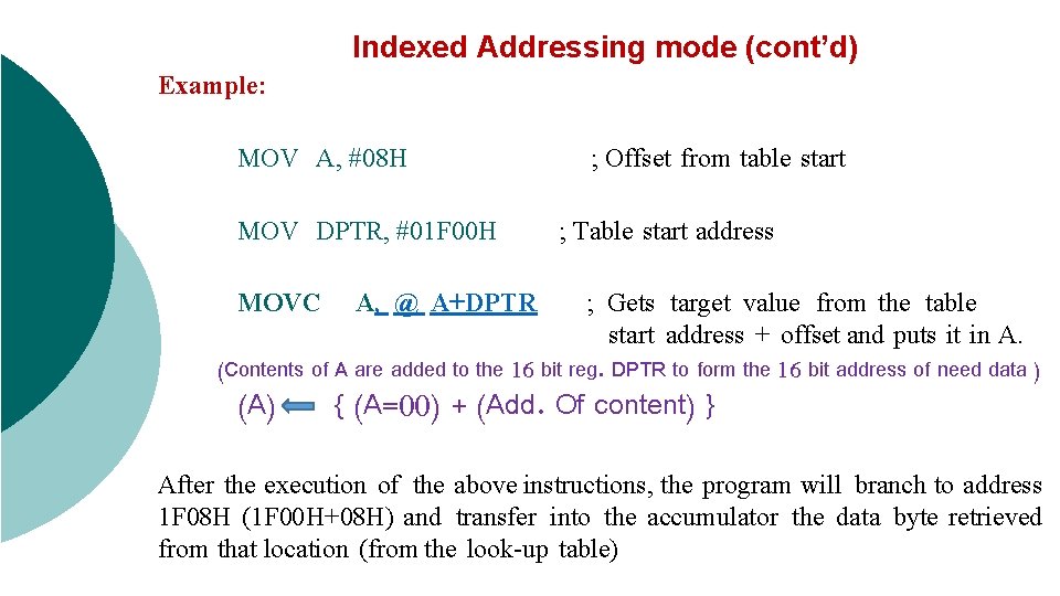 Indexed Addressing mode (cont’d) Example: MOV A, #08 H ; Offset from table start