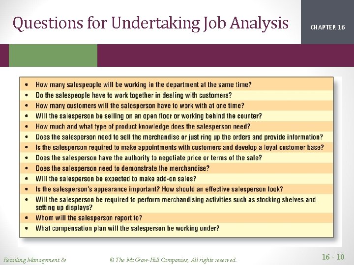 Questions for Undertaking Job Analysis Retailing Management 8 e © The Mc. Graw-Hill Companies,